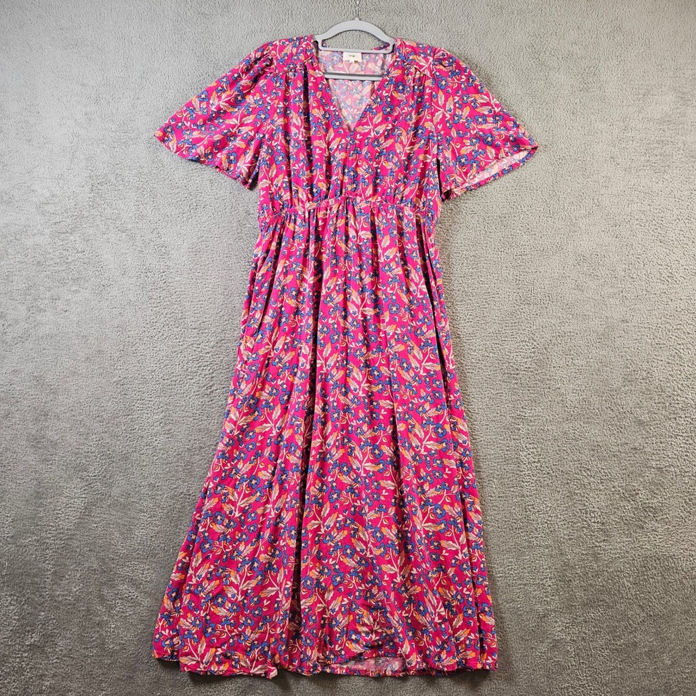An'ge Melody Floral Maxi Dress Pink Blue XL V-Neck Flutter Sleeve Viscose